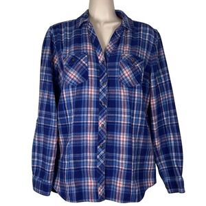 Bit & Bridle Womens Blue Pink Plaid Flannel Button Down Western Shirt Size M